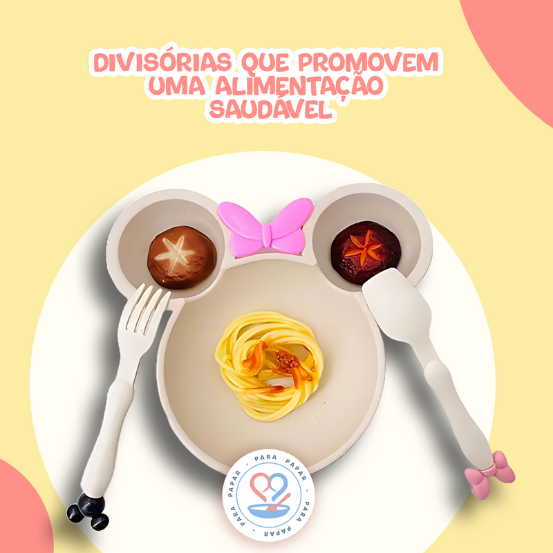 Prato Infantil Minnie com Talheres - Kit de Introdução Alimentar Disney