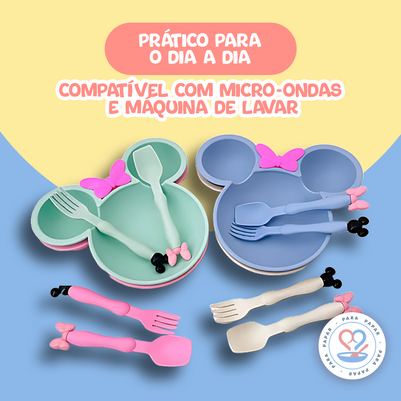 Prato Infantil Minnie com Talheres - Kit de Introdução Alimentar Disney