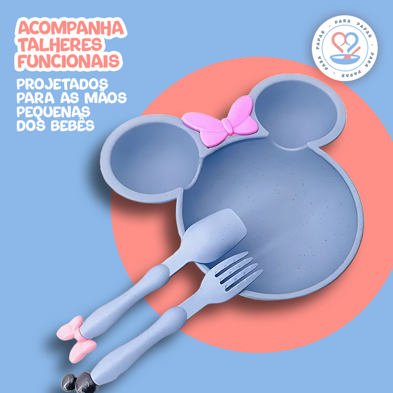 Prato Infantil Minnie com Talheres - Kit de Introdução Alimentar Disney